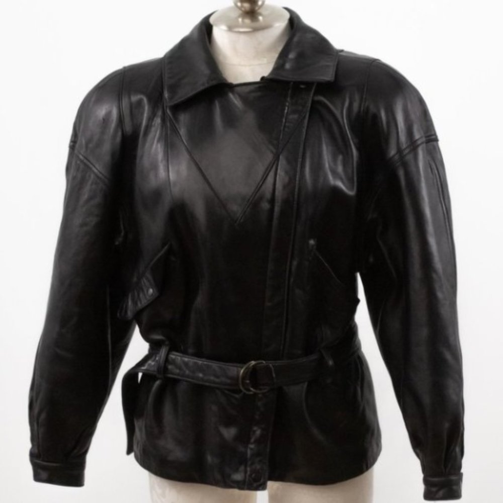 Vintage 80s Black Leather Jacket M Footballer Short Blazer Coat - Picture 8 of 14